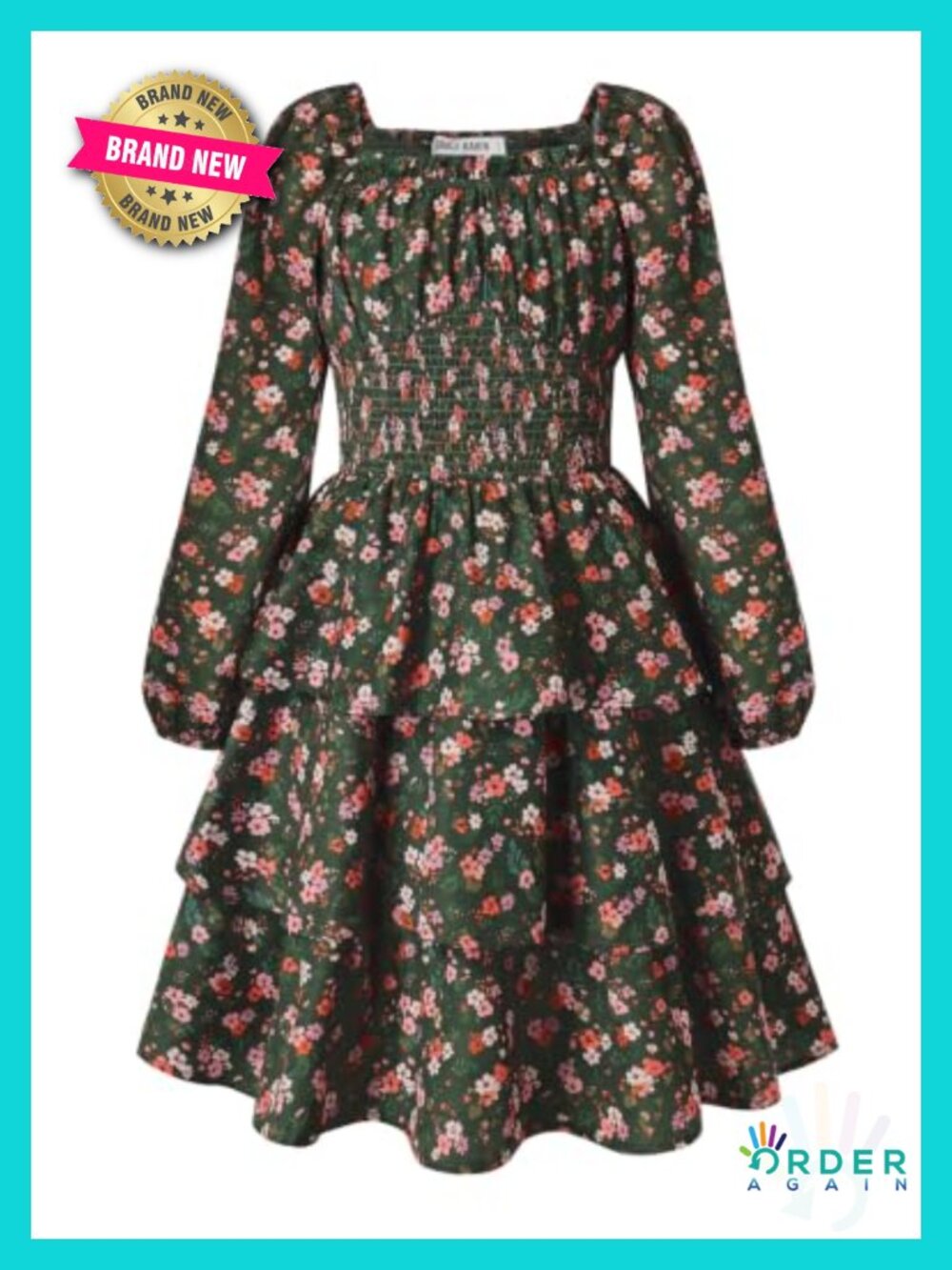 Girl's Long Sleeve Floral Smocked Dress 3-Tier Ruffle Knee Length